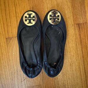 Tory Burch Black Flats with Gold Logo